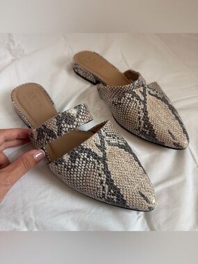 Snakeskin Print Leather Flat Women 8.5 Slides Mules Pointed Toe Unique Statment